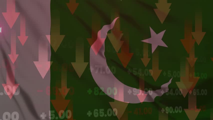 The decline Pakistani economy and fluctuations in national financial market indices during an economic recession. Visual elements include the Pakistan national flag featuring the crescent and star, a falling market trend line, red downward arrows, and stock financial index boards representing a significant downturn.