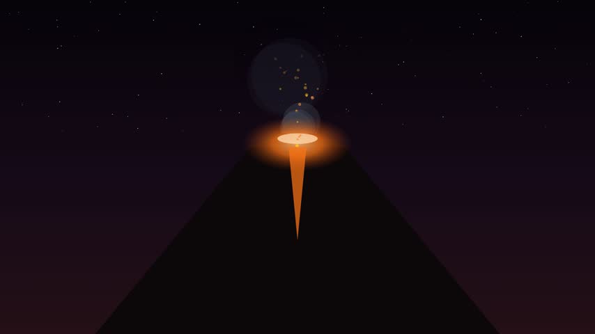 Volcano erupting at night glowing crater smoke and flying sparks