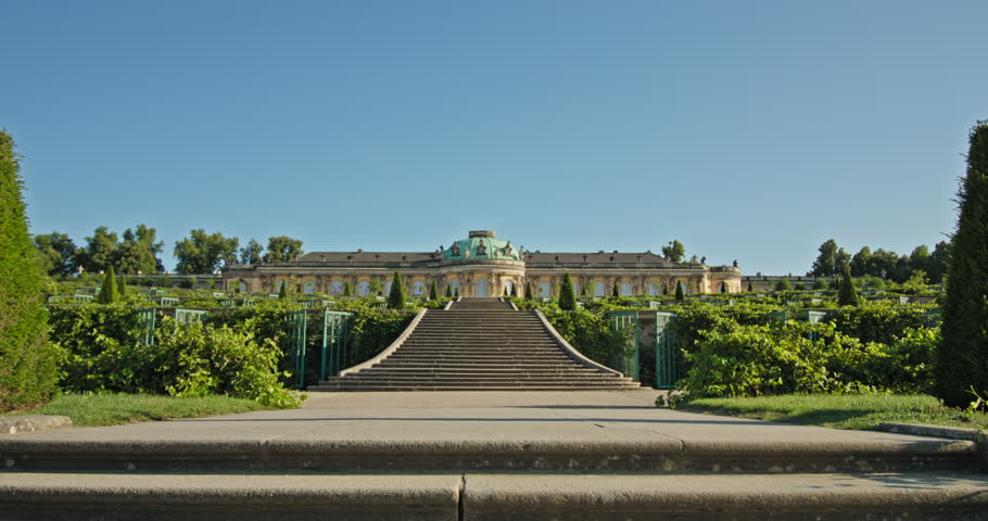 Terraced vineyards and the grand staircase leading to Sanssouci Palace in Potsdam, Germany.