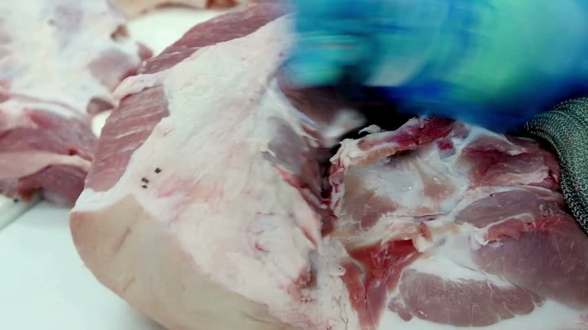 A butcher uses a sharp knife and chainmail glove to safely trim fresh pork in a modern industrial food processing facility.