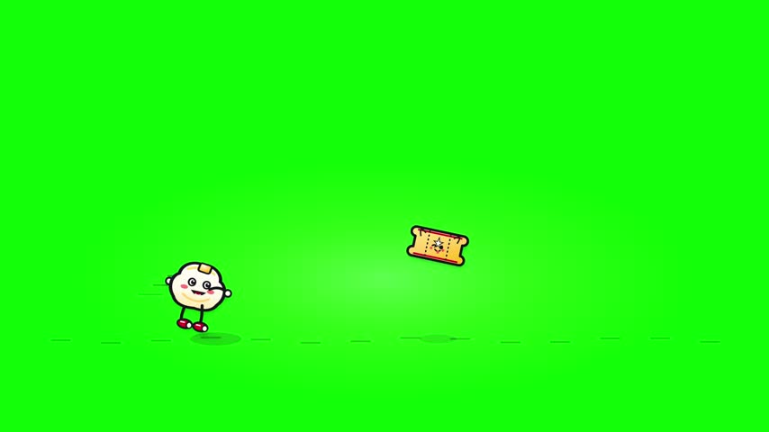 Cute cartoon popcorn character interacting with a movie ticket and a large popcorn bucket in a playful cinema-themed animation. Colorful flat vector doodle style with funny food characters, popcorn snack, and movie theater elements on a green screen background. Suitable for cinema, movies, entertainment, advertising, social media, children