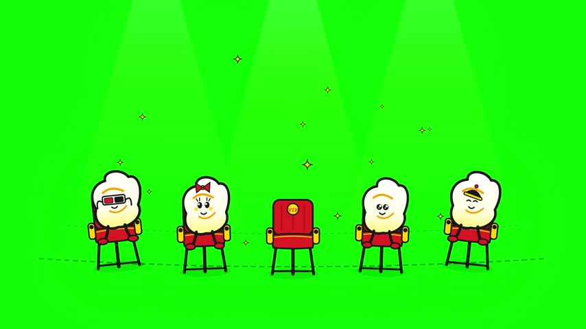 Funny cartoon popcorn characters sitting in cinema theater seats before flying through the scene and revealing a giant smiling popcorn character. Playful flat vector doodle animation with colorful movie theater elements, cute food characters, and a fun entertainment concept on a green screen background. Ideal for cinema, movie, entertainment, food, advertising, children