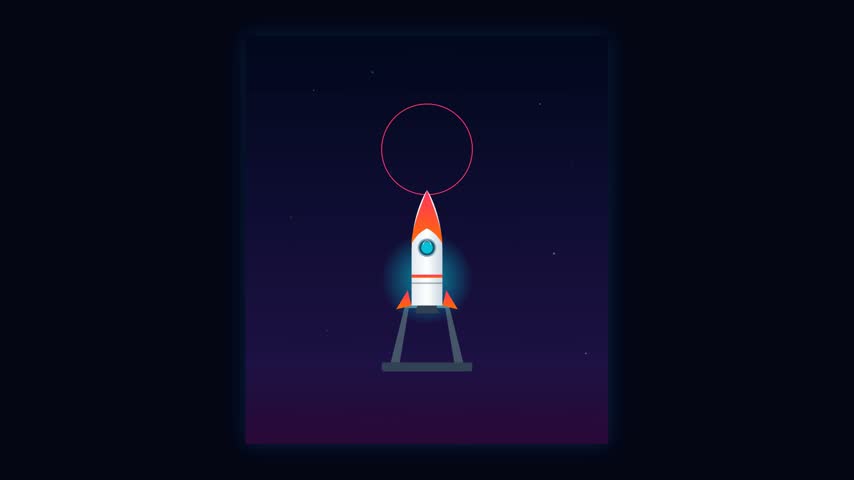 An animated vector illustration of a rocket launching into space to symbolize startup business growth, scaling success, and rapid expansion. The graphic includes digital UI elements and markers.