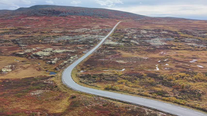 Aerial view of the winding mountain road on Ringebufjellet surrounded by colorful autumn tundra and rolling hills in Ringebu, Innlandet, Norway.
