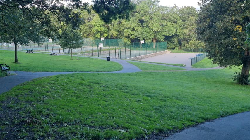 Downhill asphalt path leading to outdoor basketball courts with benches, tables and mature trees swaying in the wind