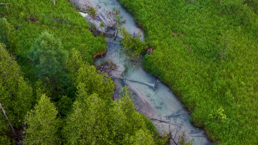A close overhead drone view follows a narrow turquoise creek winding through dense green marsh vegetation near Hessel Michigan.