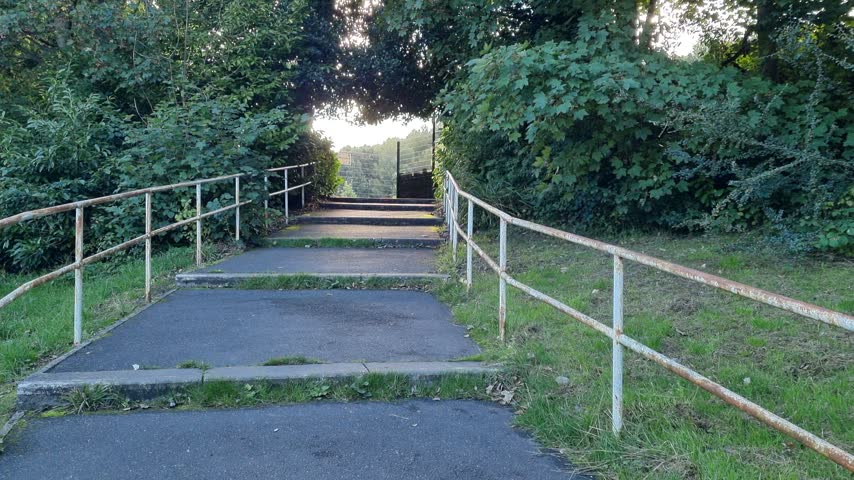 Staircase ascending beneath an arch of shrubs and foliage toward a fenced basketball court with soft sunlight filtering through the leaves