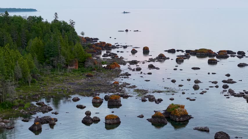 Aerial footage reveals numerous lichen covered boulders scattered through calm shallow water along a forested Michigan shoreline.