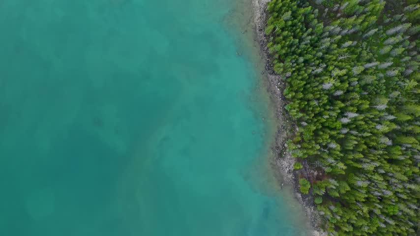 Top down aerial view of clear turquoise water meeting a rocky evergreen shoreline in the Michigan wilderness.