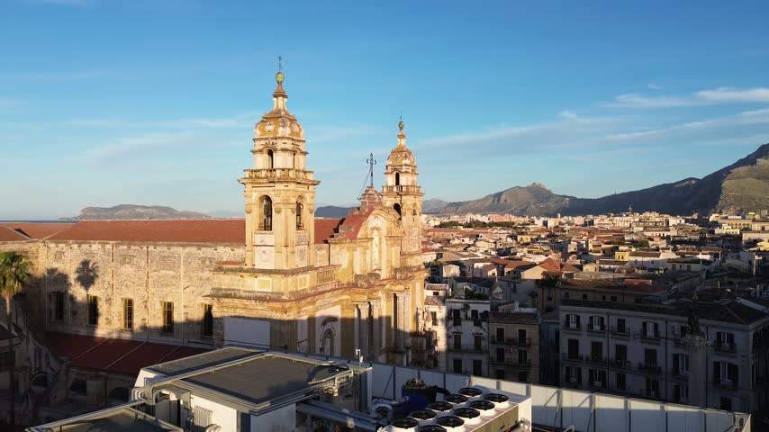 Aerial view of Piazza San Domenico in the historic center of Palermo, Sicily, featuring the church, monument and surrounding architecture.