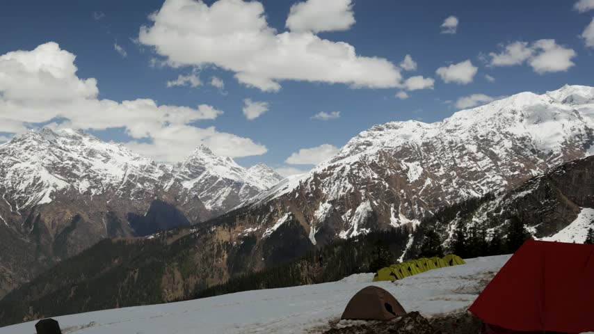 Majestic Himalayan Mountains With Snow Covered Slopes And Colorful Trekking Tents