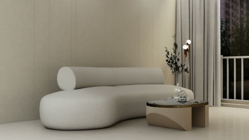Modern living room interior with curved sofa, coffee table and large windows in a calm evening atmosphere, shown in a smooth 3D animation.