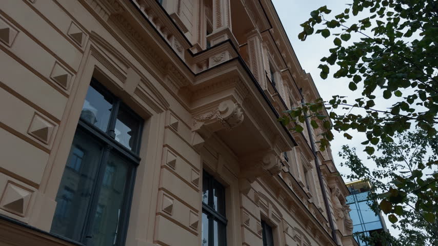 Ornate historic building facade viewed from below with tree branches framing urban architecture