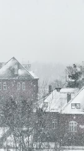 Heavy Snowfall with Passing Train, Houses and Trees in Winter