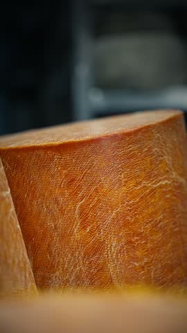 Large Orange Cheese Wheels Stored on Industrial Shelves in a Cheese Factory