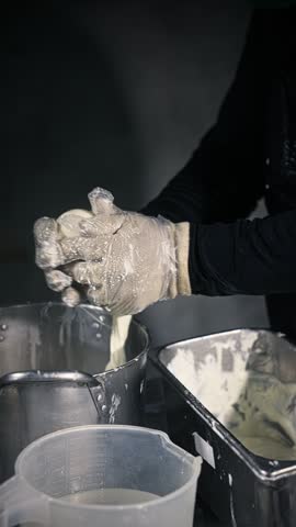 Worker Preparing Fresh Burrata Cheese by Hand Inside an Industrial Cheese Factory