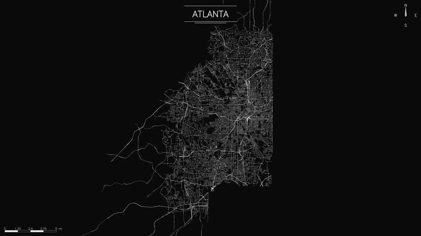 Atlanta complex street grid map with subtle glowing light pulsing and flowing representing urban traffic