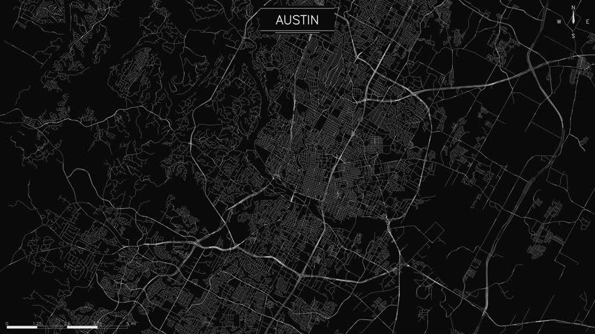 A minimalist map of Austin shows white lines for streets and animated light trails representing traffic, loopable animation