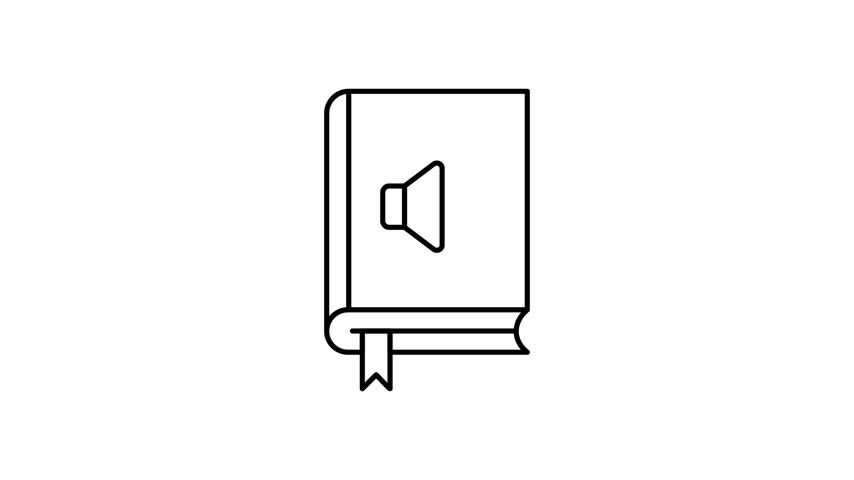 A simple 2D line art animation of a book with a speaker icon on the cover, representing an audiobook or digital reading concept.