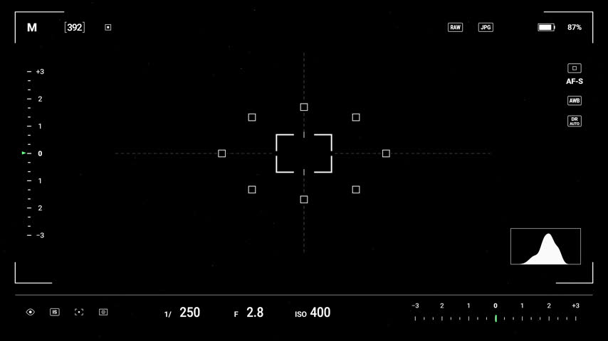 Realistic Digital Camera Viewfinder HUD Overlay with Focus Points, Exposure Scale, Autofocus Lock, Shutter Release and Histogram Indicator On Transparent Background. 4K