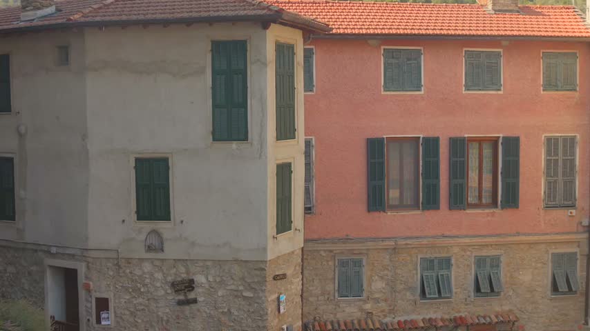 Historic Buildings At The Main Square Of Apricale, Picturesque Medieval Village In Imperia Province In Italy.