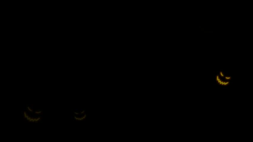 Pumpkin halloween animated multiple glowing jack o lantern faces appearing on black background.   