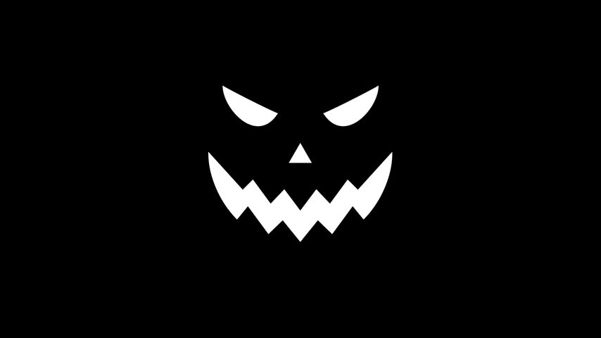 Pumpkin halloween animated jack o lantern minimalist face in white on black background.   