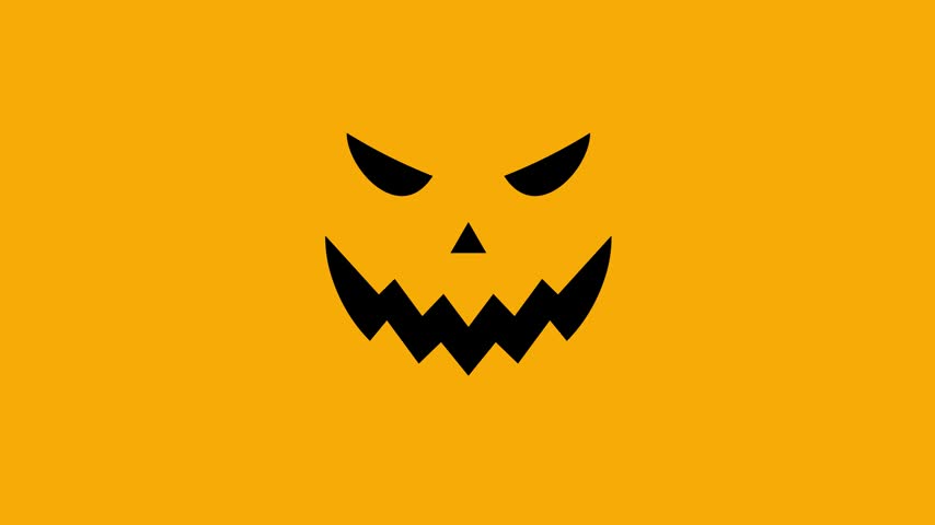 Pumpkin halloween animated black jack o lantern face silhouette on solid orange background.