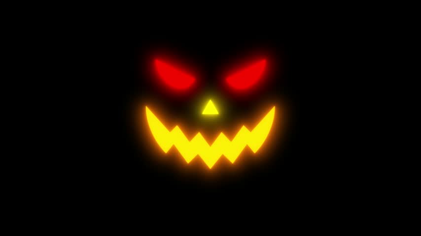 Pumpkin halloween animated jack o lantern face with glowing red eyes and yellow smile on black background.   