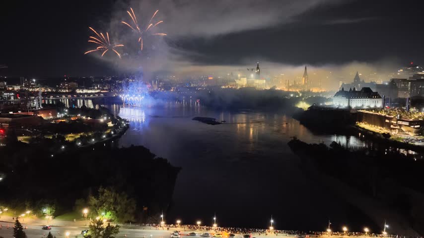 Holiday fireworks above water with reflection on the black sky background.