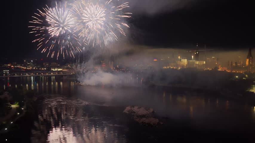 Ottawa, Canada, fireworks over Parliament Hill and the Ottawa River amid heavy smoke, haze and air pollution. g.