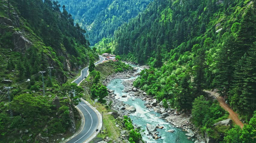 Lush Green Mountain Valley Surrounded by Dramatic Peaks, Aerial View of Kaghan Valley, Pakistan