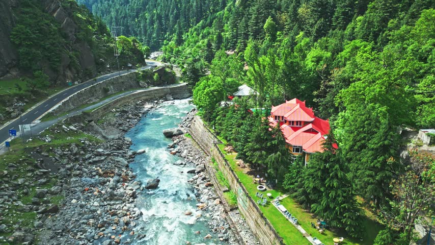 Lush Green Mountain Valley Surrounded by Dramatic Peaks, Aerial View of Kaghan Valley, Pakistan