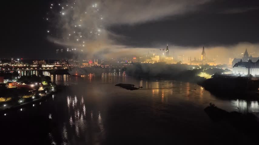 Holiday fireworks above water with reflection on the black sky background.