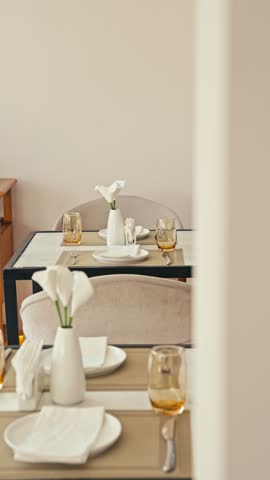 Elegant Table Setting Inside a Luxury Restaurant, Premium Fine Dining Interior with Natural Sunlight in 4K