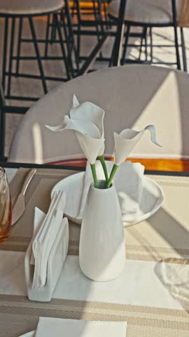 Elegant Table Setting Inside a Luxury Restaurant, Premium Fine Dining Interior with Natural Sunlight in 4K