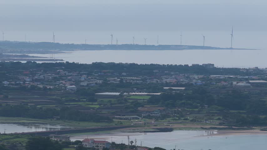 Drone view of Jimibong in eastern Jeju Island, South Korea, showing the surrounding natural landscape and terrain from above