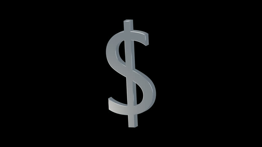 Silver dollar currency symbol floating in a seamless 3D loop on a transparent background.