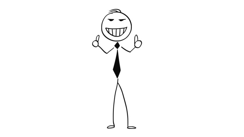 Stickman businessman characters raise their hands up and they are very happy, vector cartoon illustration. Black outlined and white colored.