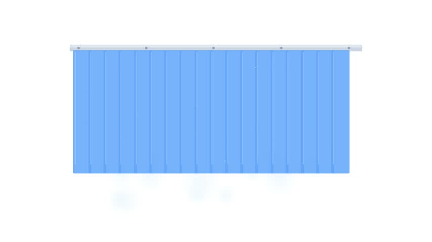Minimalist 2D vector animation of commercial dishwasher vinyl splash curtains swaying as a dishrack passes, featuring blue vinyl strips, stainless steel hardware, and trapped water droplets on a white background.