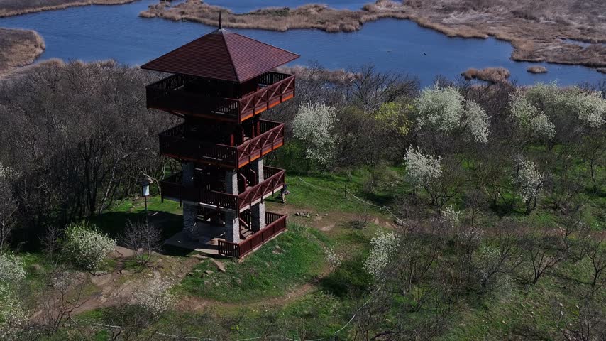 Cinematic drone pullback from Őrtorony Lookout Tower on the Tihany Peninsula, revealing wetlands, wooded hills, rural scenery and Lake Balaton in the distance.