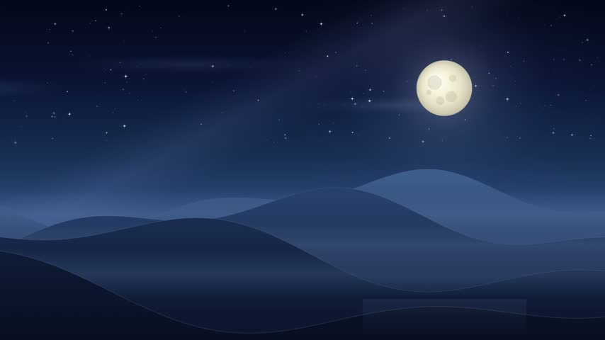 A sequence of loop frames showing a peaceful minimalist night landscape under a bright full moon, starry blue sky, and soft rolling hills.