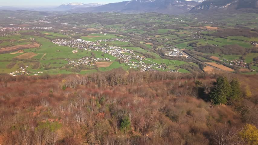Cinematic drone rising above Corsuet Forest, revealing the Albanais Valley and Bauges Mountains in Savoie, France, under clear sunny skies.