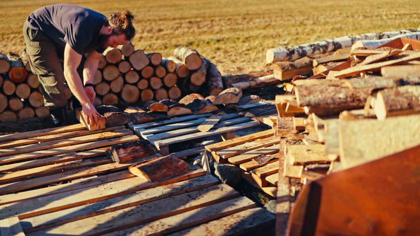 Chopped Firewood Piles Rest On Wooden Pallets For Storing In An Outdoor Field On A Countryside Farmstead. - wide shot