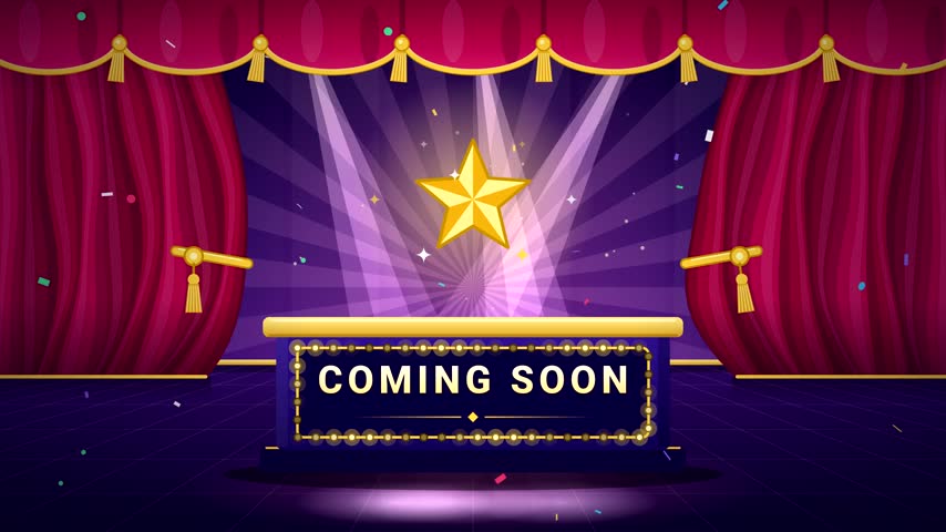 A vibrant animated theater stage with red velvet curtains and a golden star icon above a podium with a Coming Soon sign for event reveals.
