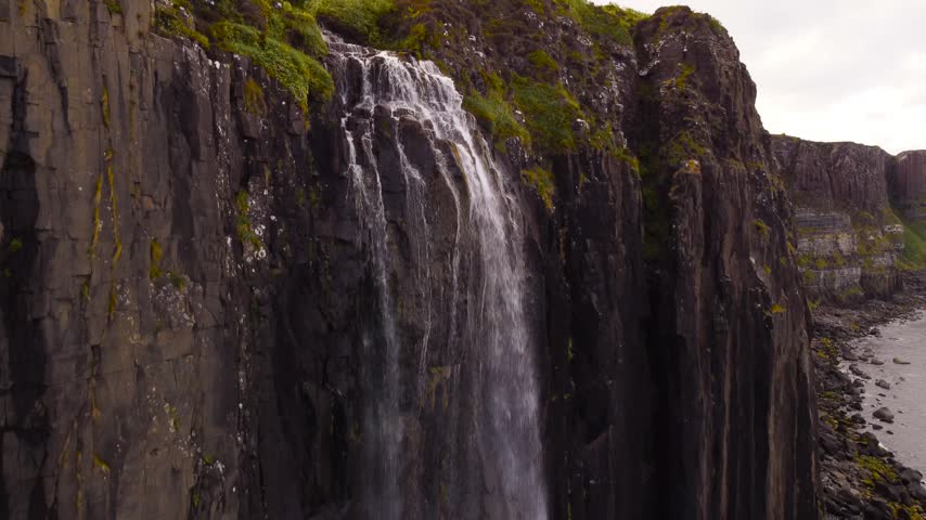 Epic 4K Drone Panorama of Scottish Waterfall Rugged Cliffs and Wild Landscape on Isle of Skye Scotland