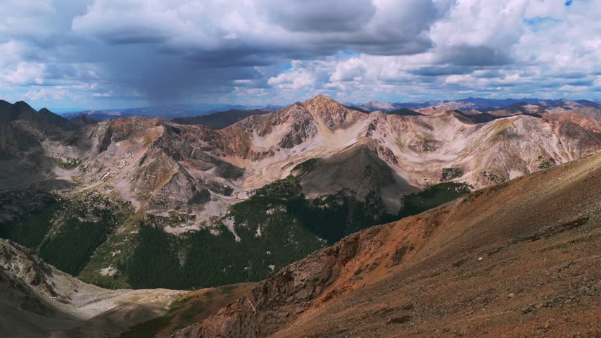 Top of summit 14er peak Huron Peak Mount Missouri Gulch Trailhead Rocky Mountains nature landscape Colorado aerial drone summer cloudy morning Collegiate Peaks Wilderness Sawatch Range forward motion
