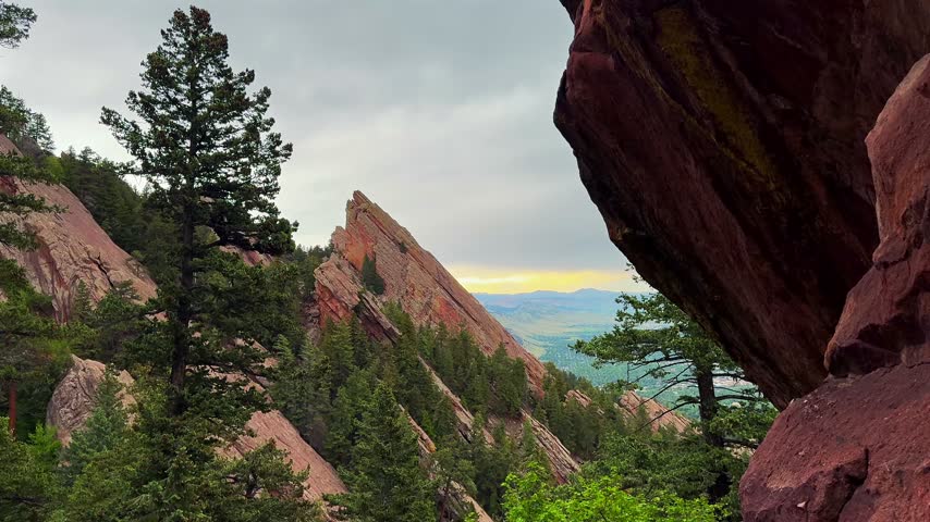 The Flatirons Royal Arch Trail Boulder Colorado Front Range Rocky Mountains foothills nature scenic landscape Chautauqua Park spring summer afternoon overcast clouds hiking trail red rocks landmark