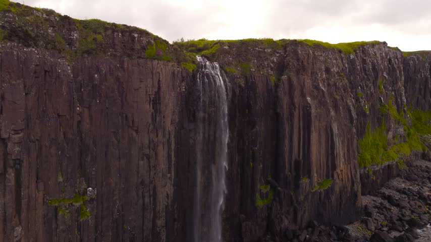 Beautiful 4K Scottish Waterfall Flowing Through Lush Green Cliffs and Wild Isle of Skye Countryside
