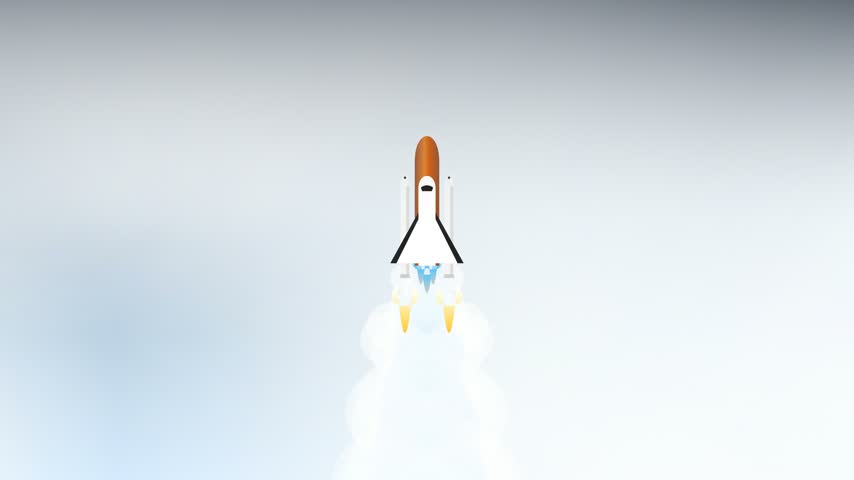 A 4K resolution motion graphics animation featuring a scaled-down Space Shuttle Discovery stack ascending through a vast, detailed atmosphere with layered realistic clouds.